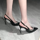 Black new chain rhinestone high heels women's stiletto pointed toe temperament French single shoes one-word strap toe sandals banquet