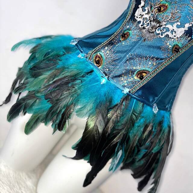 TDH original handmade blue and green peacock gothic dark strap drawstring feather bra affordable corset tube top