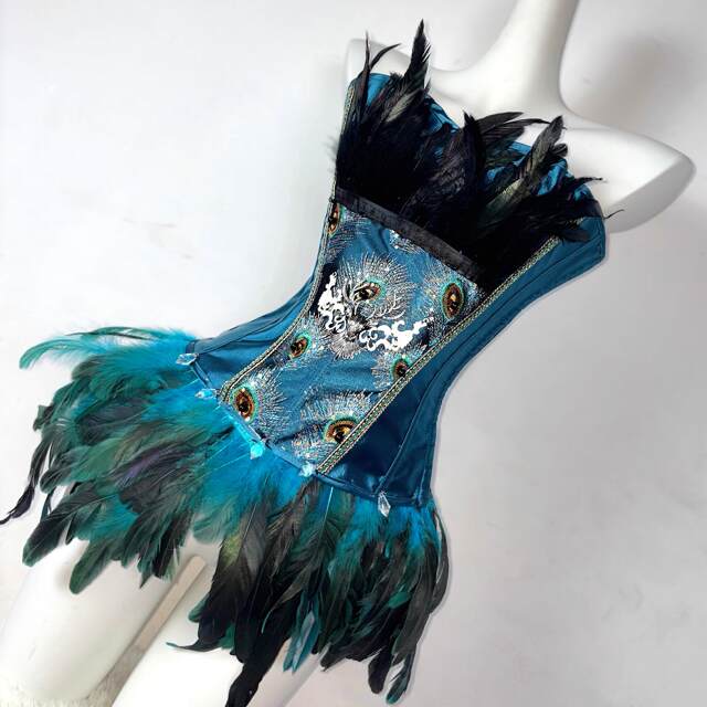 TDH original handmade blue and green peacock gothic dark strap drawstring feather bra affordable corset tube top