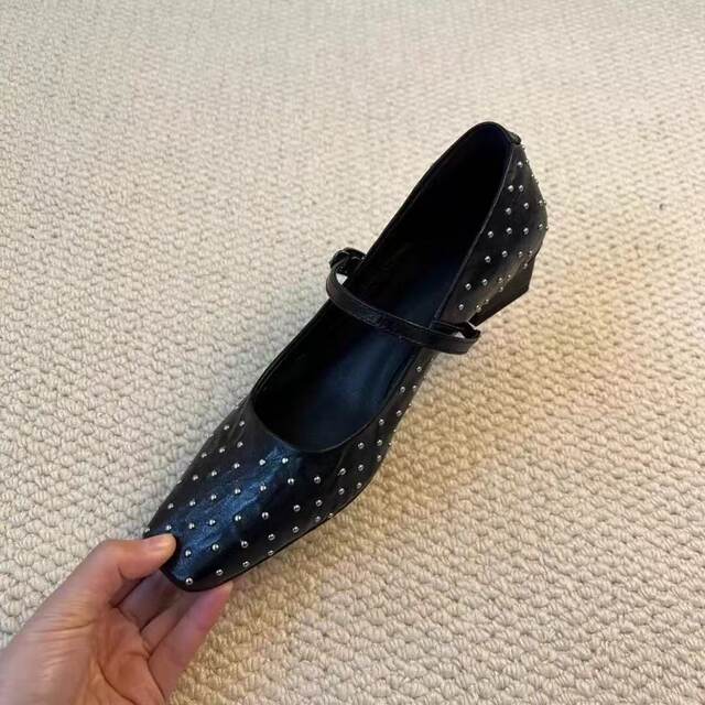 Sheepskin version French Mary Jane shoes for women 2025 new style square toe low heel small leather shoes rivet retro single shoes