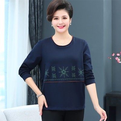 Fat mother's spring and autumn large size 200Jin [Jin equals 0.5kg] embroidered long-sleeved top middle-aged and elderly women's spring pure cotton T-shirt 40 years old 50