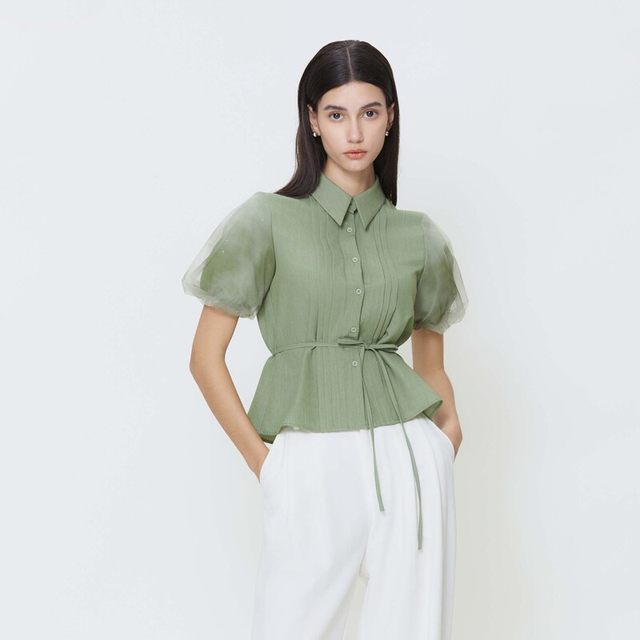 Sdeer San Dior women's light outfit is fresh and literary waist-closing mesh smudged flap sleeve shirt S24260405
