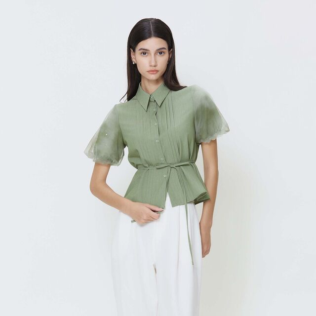 Sdeer San Dior women's light outfit is fresh and literary waist-closing mesh smudged flap sleeve shirt S24260405
