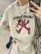 Summer retro flower gray cartoon pure cotton large size T-shirt for women round neck loose fat MM mid-length top half-sleeved shirt