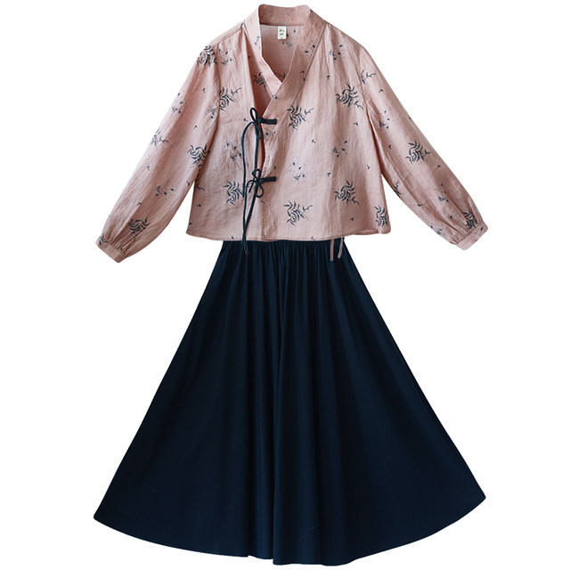 Spot new Chinese style lace-up printed cardigan black waist vest skirt for women two pieces