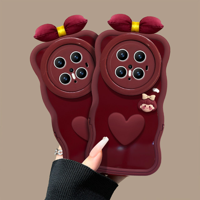 Suitable for Huawei Mate70pro mobile phone case new female model mate60pro+ bow love girl 50/40e burgundy New Year 30 invisible double bracket silicone wavy edge soft silicone case