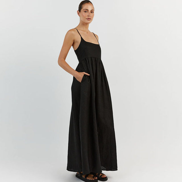 posed French square collar black white cotton linen suspender dress for women's temperament beach slim vacation long skirt