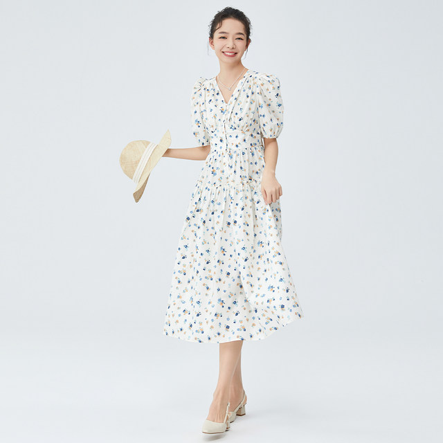 D.SIGN small temperament V-neck mid-length A-line dress for women's summer 2025 new puff sleeve short-sleeved print
