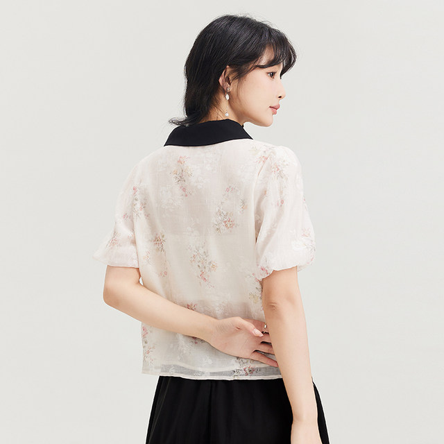 D.SIGN contrasting lapel printed shirt for women 2025 summer new puff sleeve loose age-reducing small shirt