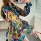 Fat MM spring new shrink waist shirt women's top fashionable and fashionable printed lapel mid-length flared sleeve shirt
