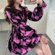 Fat MM spring new shrink waist shirt women's top fashionable and fashionable printed lapel mid-length flared sleeve shirt
