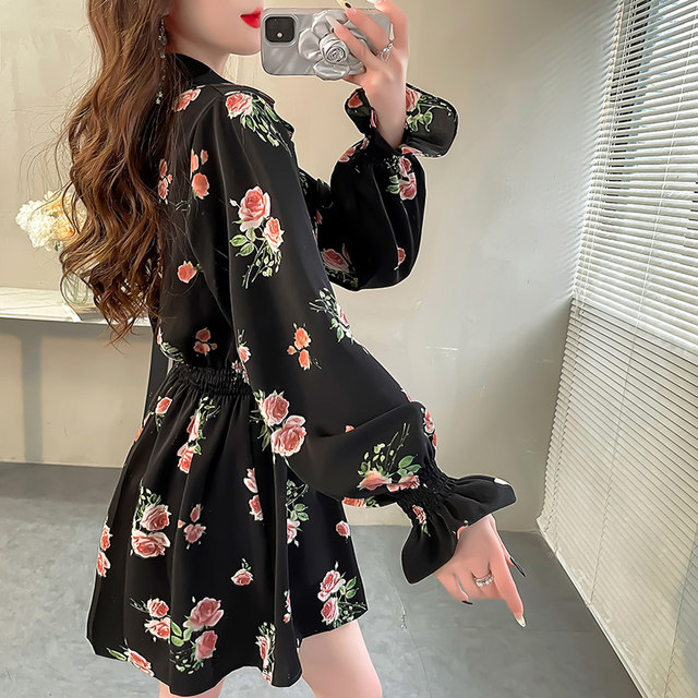 Pink printed mid-length French shirt top for women large size elastic waist ruffle flared sleeve chiffon shirt spring