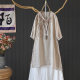 Literary temperament Mid -length round necklads, slopes, split heavy workers embroidery, sleeve fine stuffy t -shirt tea clothing
