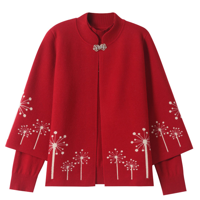 Mom's temperament autumn cardigan two-piece set for middle-aged and elderly women's knitted sweater base shirt spring and autumn high-end suit large size