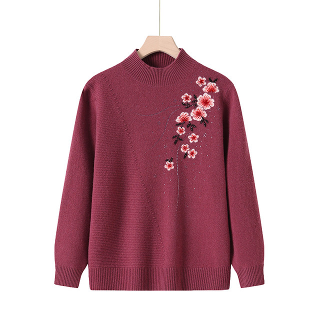 Middle-aged and elderly women's pure wool sweater women's autumn and winter embroidered half turtleneck bottoming sweater mother's cashmere thickened large size sweater