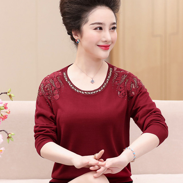 Middle-aged and elderly women's clothing plus fat and plus size mother-in-law wool bottoming shirt 40-50 years old temperament fat mother plus size spring and autumn clothing