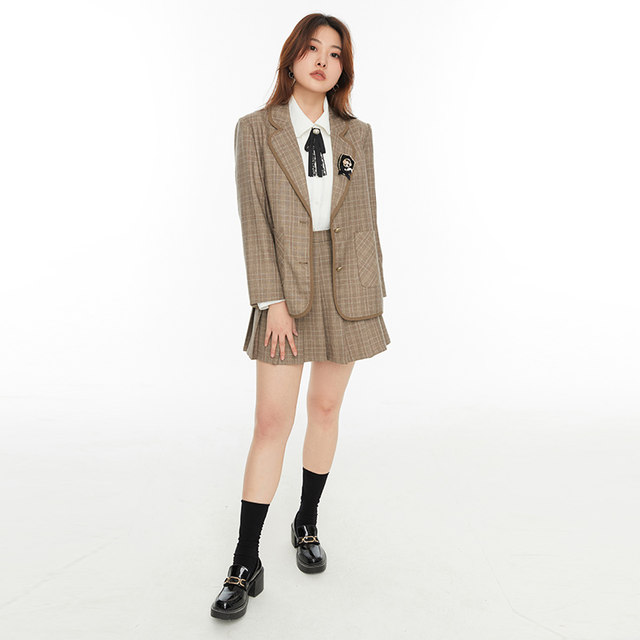 GW large size fat MM 2025 autumn new plaid suit jacket skirt JK uniform college style suit for women