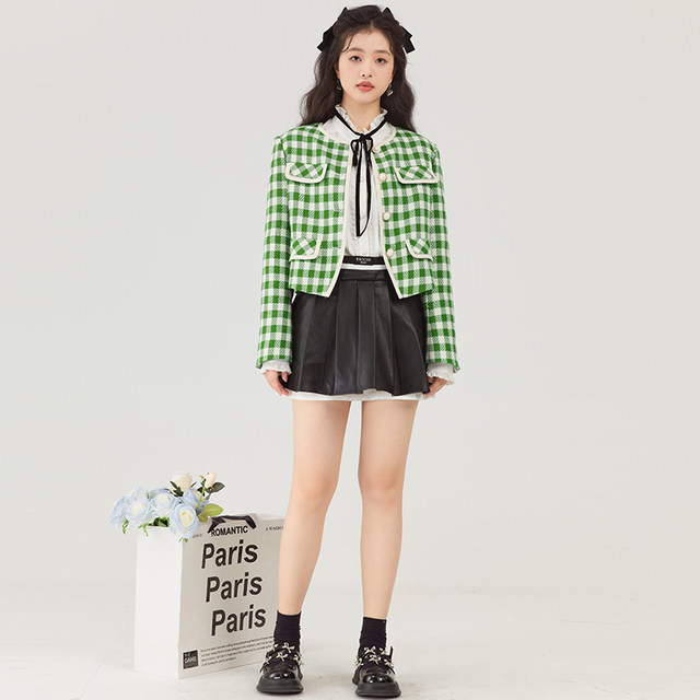 GW large size women's small fragrance style green checkered short jacket 2025 autumn new fat mm fashion jacket top
