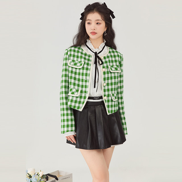 GW large size women's small fragrance style green checkered short jacket 2025 autumn new fat mm fashion jacket top
