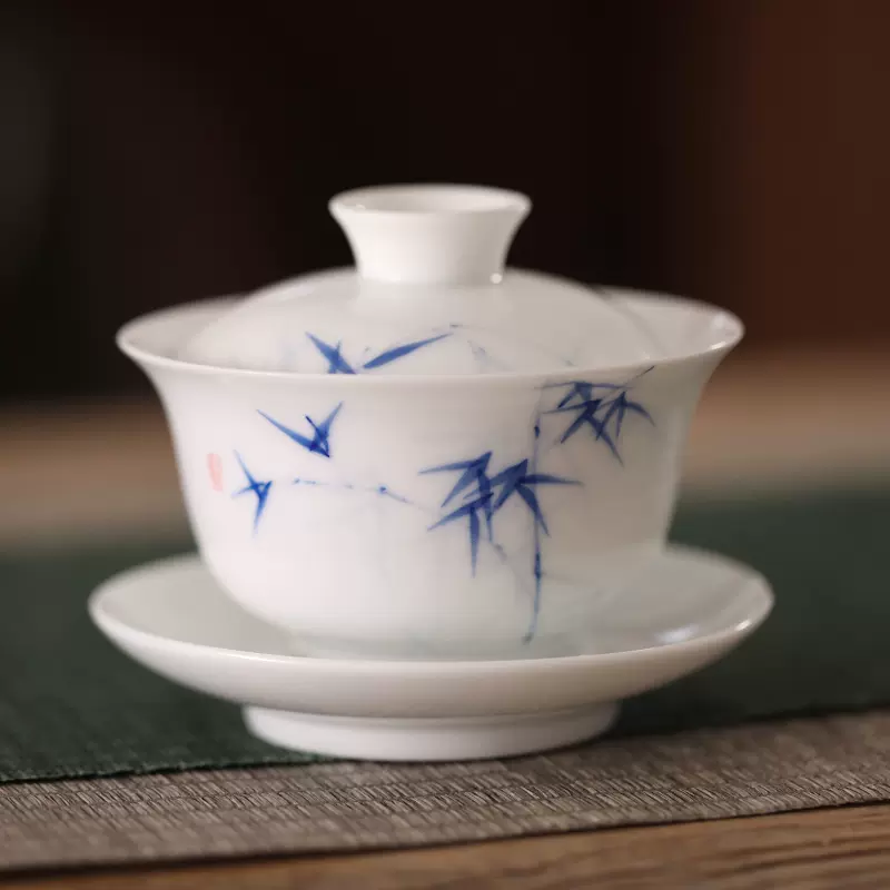竹子青花瓷器盖碗茶杯单个不烫手竹韵家用陶瓷大号三才泡手绘茶碗-Taobao