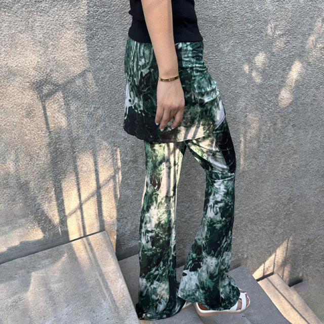 LEDIM WANG camouflage thin flared skirt and pants for women printed elastic casual drooping trousers elastic waist to show long legs