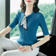 Tight T-shirt for women's summer mid-sleeved 2025 new bow scarf collar blue slim temperament high-end high-waist top