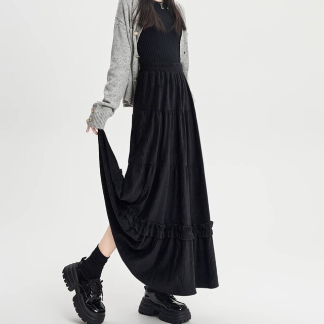 French retro lace cake tutu skirt velvet A-line skirt for women spring and autumn loose mid-length umbrella skirt