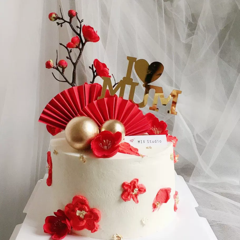 母亲节红色扇子过寿蛋糕装饰腊梅花我爱妈妈mum祝寿生日