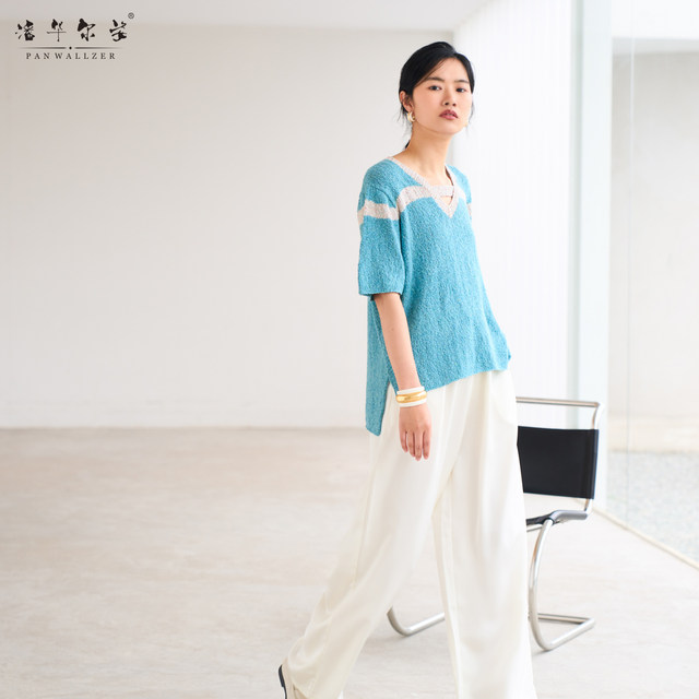 Pan Huaerzi high-end custom hand-woven new summer style short front and long contrasting color pullover short sleeve V-neck thin model