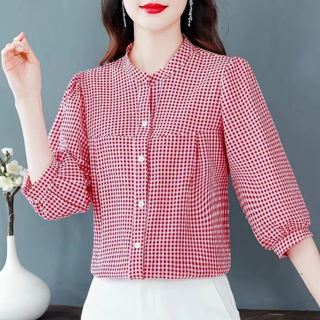 Fashionable quarter-sleeved plaid shirt for women in spring and summer new versatile pure cotton shirt fashionable mid-sleeved mother top