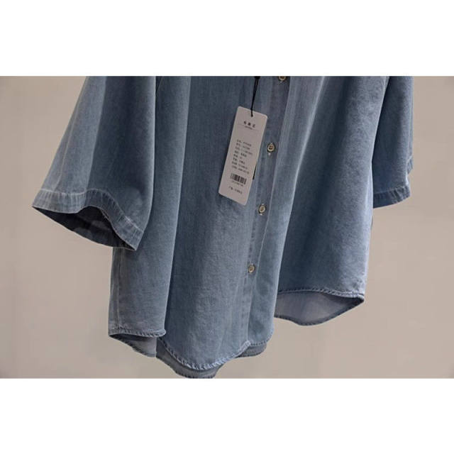 Large size 300 Jin [Jin equals 0.5 kg] Retro casual polo neck denim short-sleeved shirt for women in summer fat mm loose design top