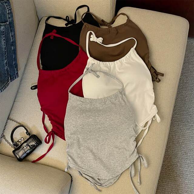 Large size 300Jin [Jin equals 0.5 kg] Design-sensory drawstring halter neck vest for women in summer fat mm tether short breast pad top