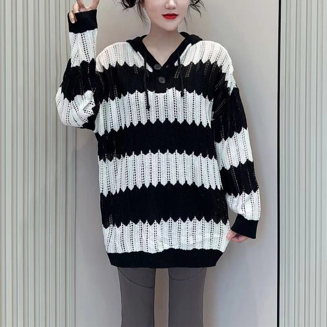 hooded sweater for women 2023 autumn new lazy style Korean version hollow knitted striped design casual long-sleeved top
