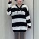 hooded sweater for women 2023 autumn new lazy style Korean version hollow knitted striped design casual long-sleeved top