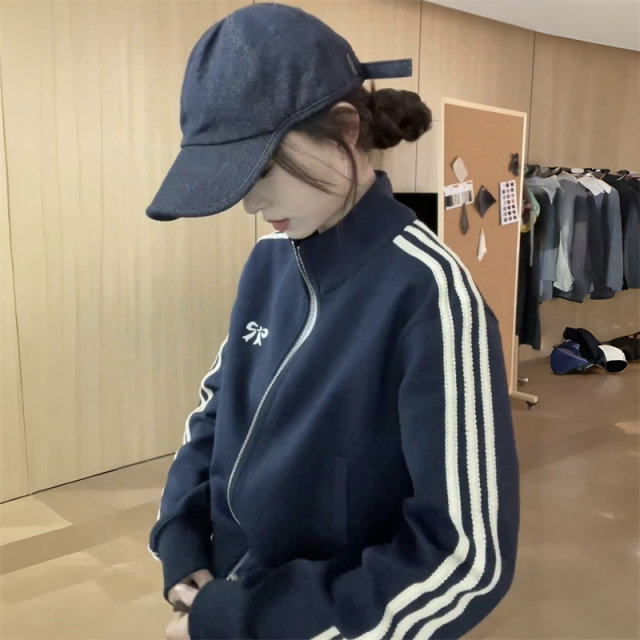 Retro striped bow printed short small jacket stand collar cardigan sporty and fashionable loose top spring
