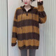 hooded sweater for women 2023 autumn new lazy style Korean version hollow knitted striped design casual long-sleeved top