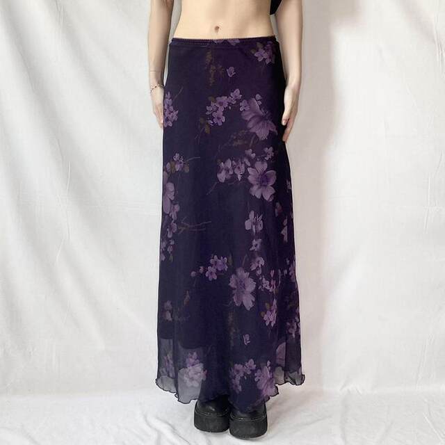 WEEKEEP niche retro style purple plant flower print mesh skirt loose straight slim long skirt