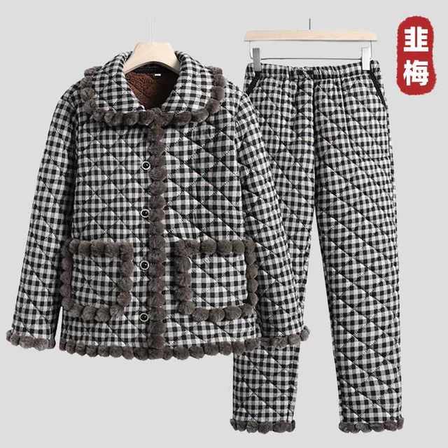 Mother's winter coat, cotton jacket, cotton trousers, home clothes set, middle-aged and elderly grandmother's velvet warm plaid cotton coat two-piece set