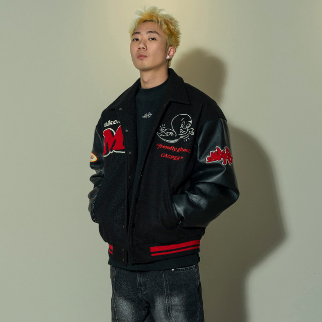 Makemore Jacket Men's Spring and Autumn Woolen Embroidered Lapel Thickened Baseball Suit American Red Trendy Cotton Suit Women