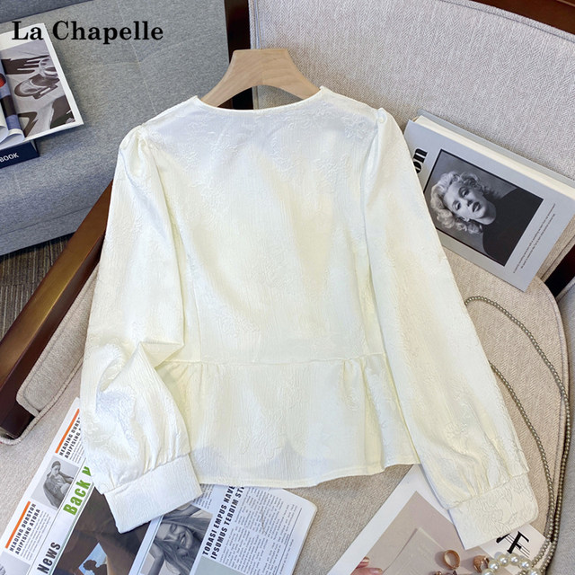 La Chapelle Spring New New Chinese Style Beaded Band Button Loose Jacquard Shirt Top for Women