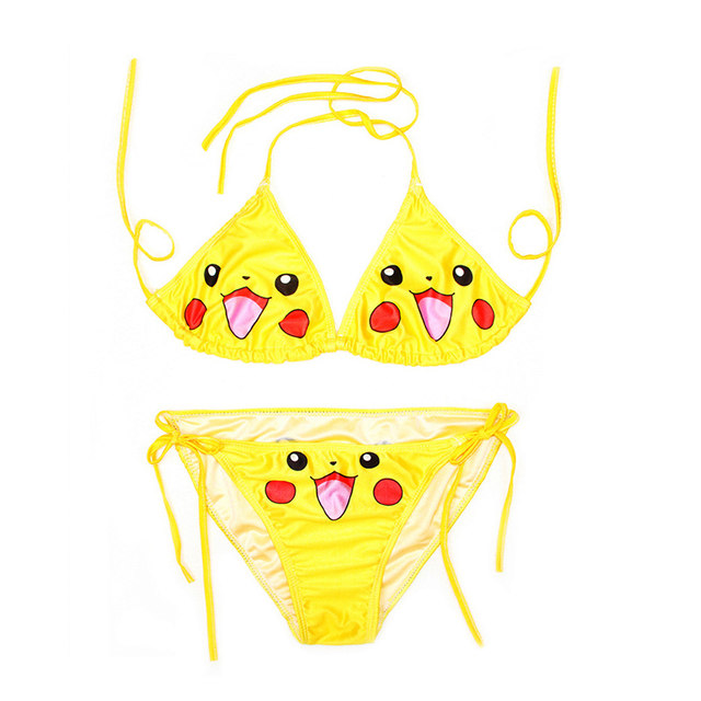 Three-point underwear yellow Pikachu swimsuit women's hot spring split sexy cartoon tie halter neck triangle bikini