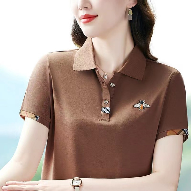 Fashion embroidered thin T-shirt 2025 new summer daily lapel short-sleeved women's T-shirt polo shirt mother top