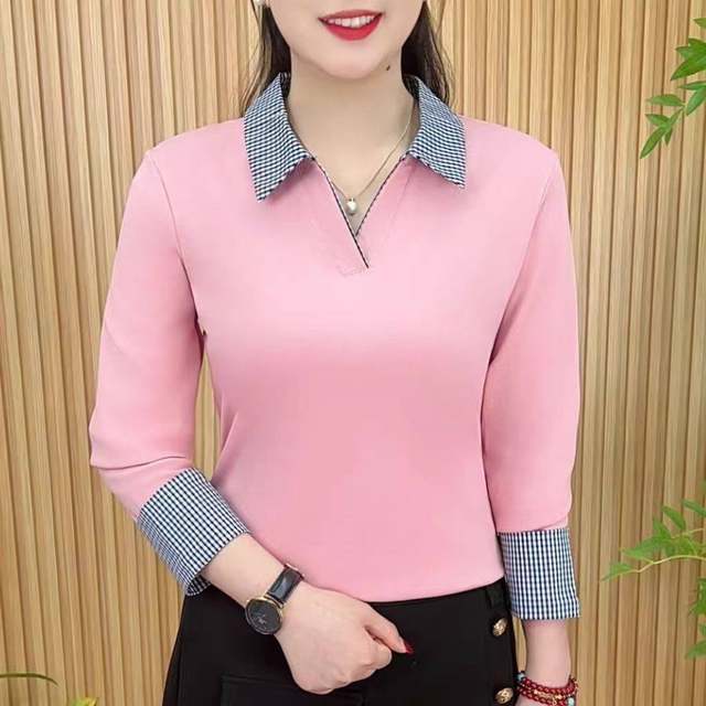 2025 spring fashionable and fashionable large-size T-shirt new product simple lapel contrasting color versatile slim mother top