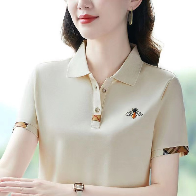 Fashion embroidered thin T-shirt 2025 new summer daily lapel short-sleeved women's T-shirt polo shirt mother top