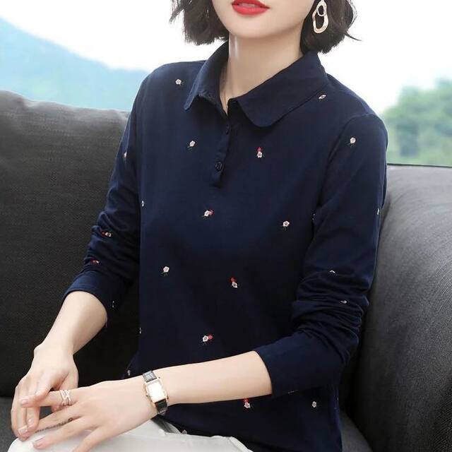 Polo shirt long -sleeved T -shirt women loose large size Mom dress spring 2024 new sports shirt, thin top bottom shirt
