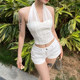 KLIOU cuts men and women's sexy mesh splicing halter neck strap vest women look slim and waist-hugging hot girl short top