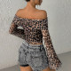 Shemoda European and American style sexy double-layer mesh leopard print one-length neck long-sleeved T-shirt women's slim short top