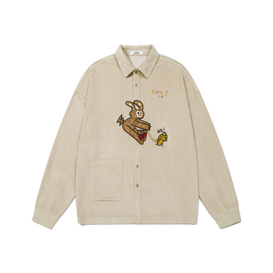 GUUKA trendy retro corduroy long-sleeved shirt for women, rabbit embroidered POLO shirt, off-shoulder shirt, loose jacket