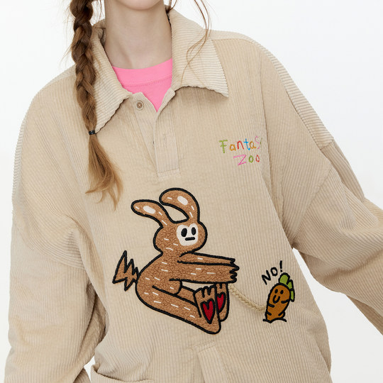 GUUKA trendy retro corduroy long-sleeved shirt for women, rabbit embroidered POLO shirt, off-shoulder shirt, loose jacket