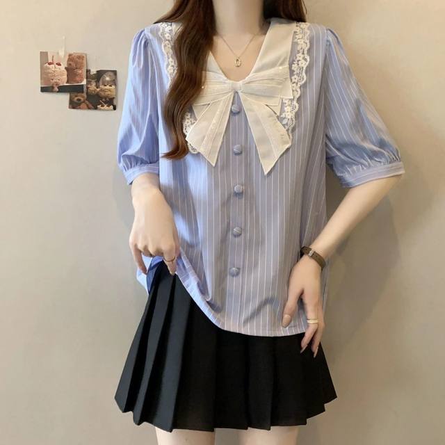 French bow striped short-sleeved shirt for women in summer large size fat mm slimming and high-end high-end doll collar top